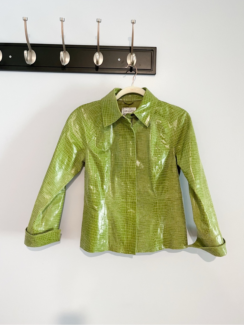 Vintage Green Croc-Embossed Patent Leather Jacket